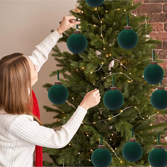 12 Pcs Velvet Christmas Balls Bulk Shatterproof Plastic Christmas Tree Decorations for Decorative Hanging Baubles (12, Blackish Green, 2.36Inch)