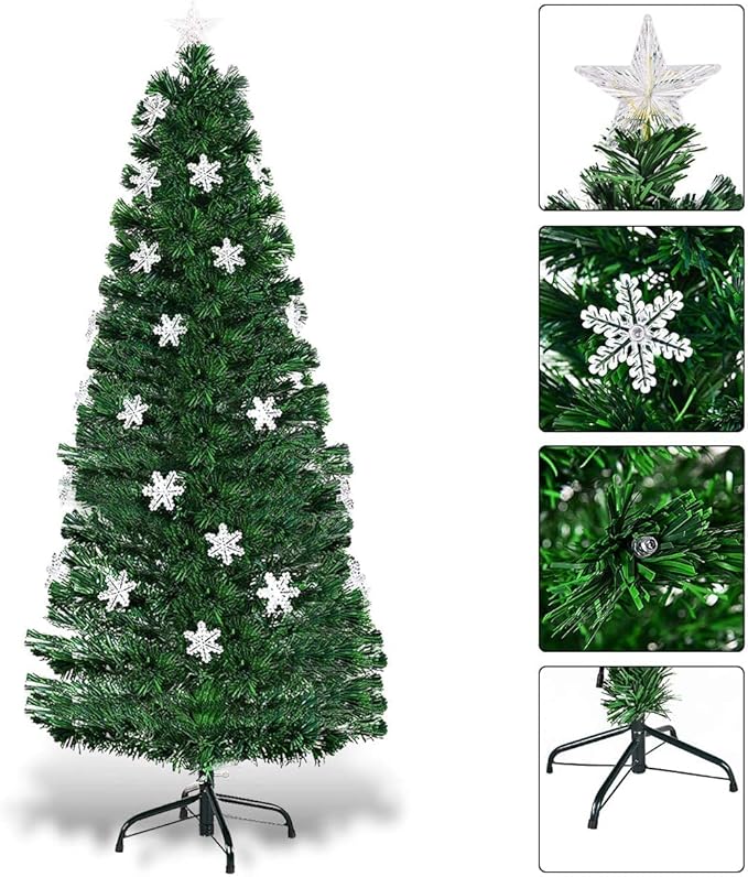 Happygrill 5FT Pre-lit Christmas Tree Fiber Optic Christmas Tree Artificial Spruce Tree Green Xmas Tree with Star Lights, Metal Stand, Full Xmas Tree for Holiday Decoration