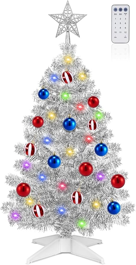 [ Timer & 12 Modes ] 3 Ft Sliver Christmas Tree with DIY 50 Warm White & Multi Color Lights 15 Ball Ornaments 3D Star Remote Control Battery Operated Pencil Full Tree Xmas Christmas Decorations Table