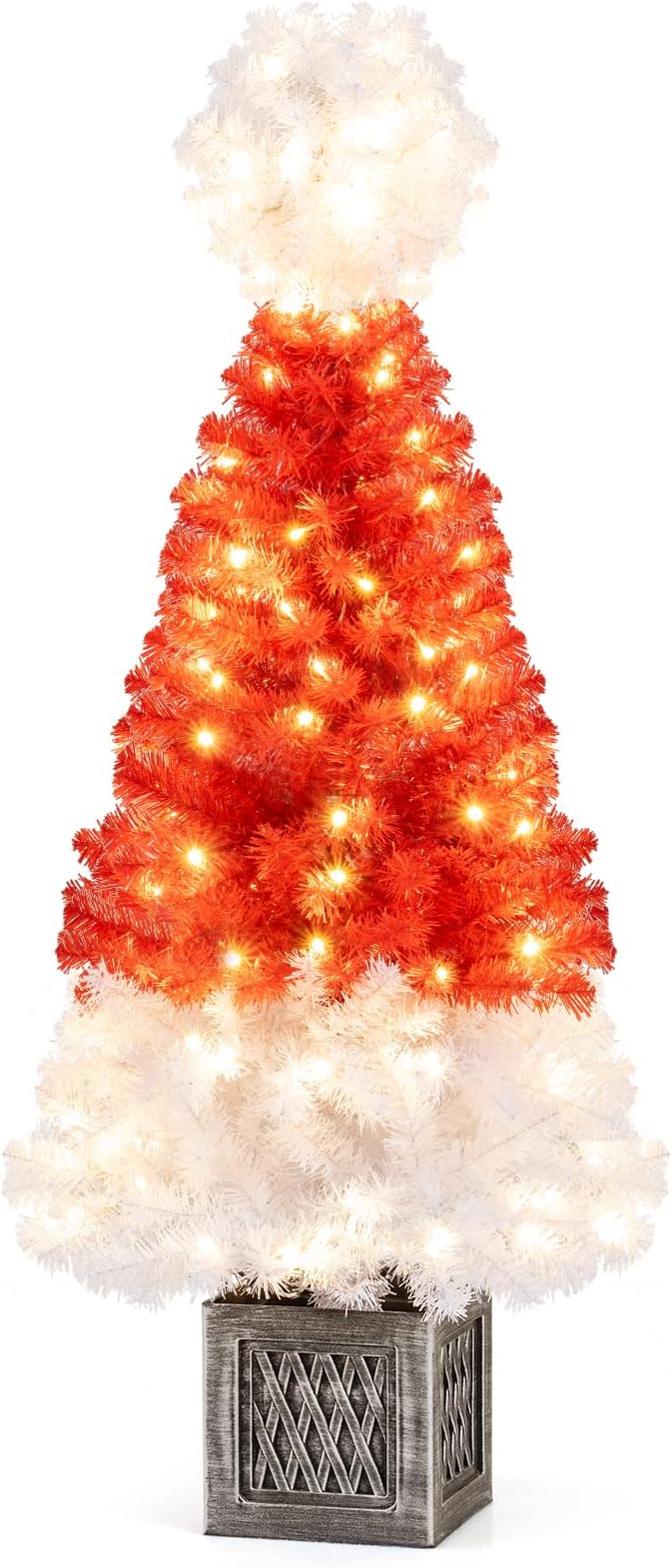 GOFLAME 4FT Pre-Lit Artificial Christmas Entrance Tree, Potted Candy Cane Xmas Tree with 300 Branch Tips, 100 Warm LED Lights, Urn Base, Indoor Outdoor Holiday Decoration Tree for Home Party