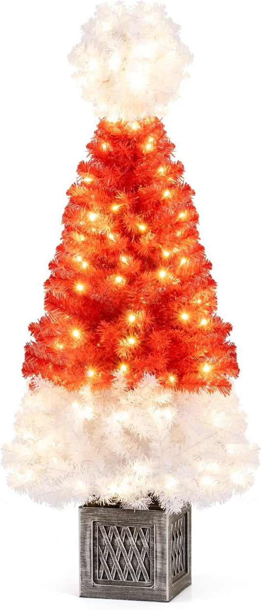 GOFLAME 4FT Pre-Lit Artificial Christmas Entrance Tree, Potted Candy Cane Xmas Tree with 300 Branch Tips, 100 Warm LED Lights, Urn Base, Indoor Outdoor Holiday Decoration Tree for Home Party