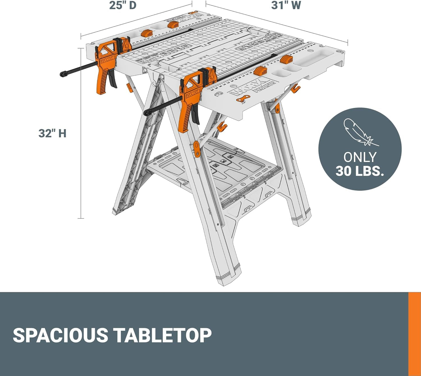 Worx Pegasus 2-in-1 Folding Work Table & Sawhorse, Easy Setup Portable Workbench, 31" W x 25" D x 32" H Lightweight Worktable with Heavy-Duty Load Capacity, WX051 - Includes 2 Clamps & 4 Clamp Dogs