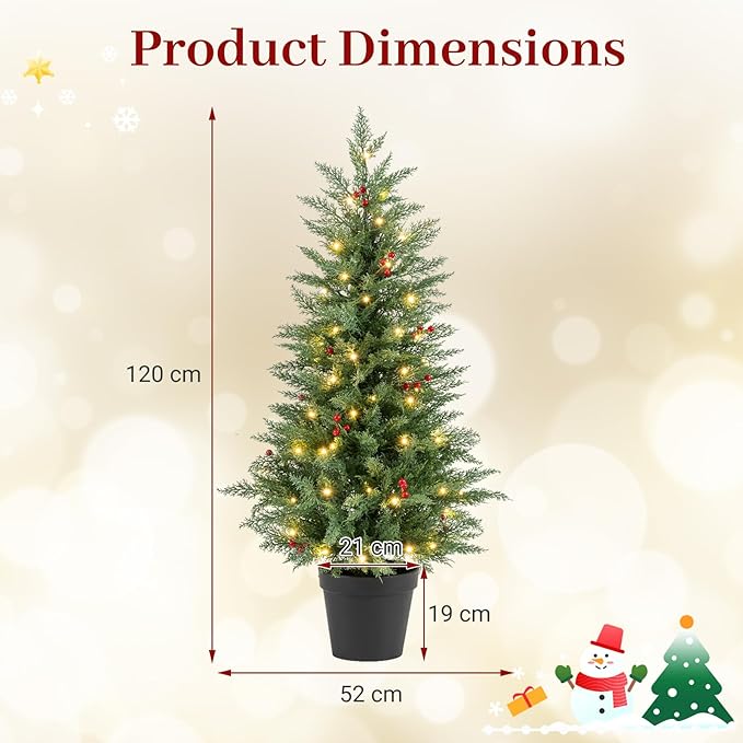 Happygrill 2 Pack 4 FT Pre-lit Cypress Christmas Trees, Potted Entrance Xmas Trees w/70 Warm White LED Lights, Timer, Red Berries, Battery-Operated Artificial Cypress Tree for Front Porch & Holiday