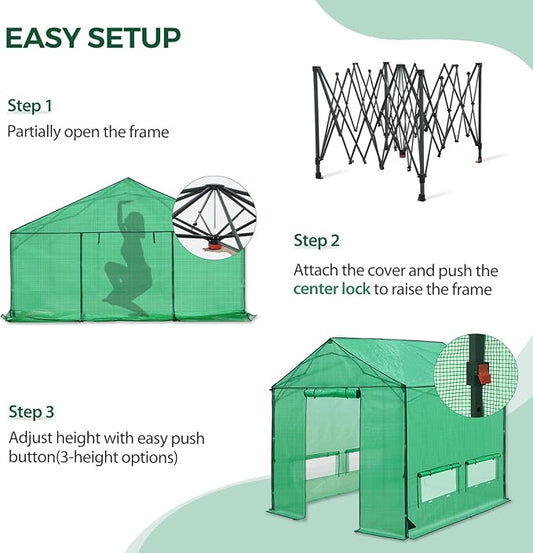 10x10 Pop Up Walk-in Greenhouse, Indoor & Outdoor PE Cover Green House with Power Access Ports, Support Pole, Roll-up Zippered Doors and Windows, Green