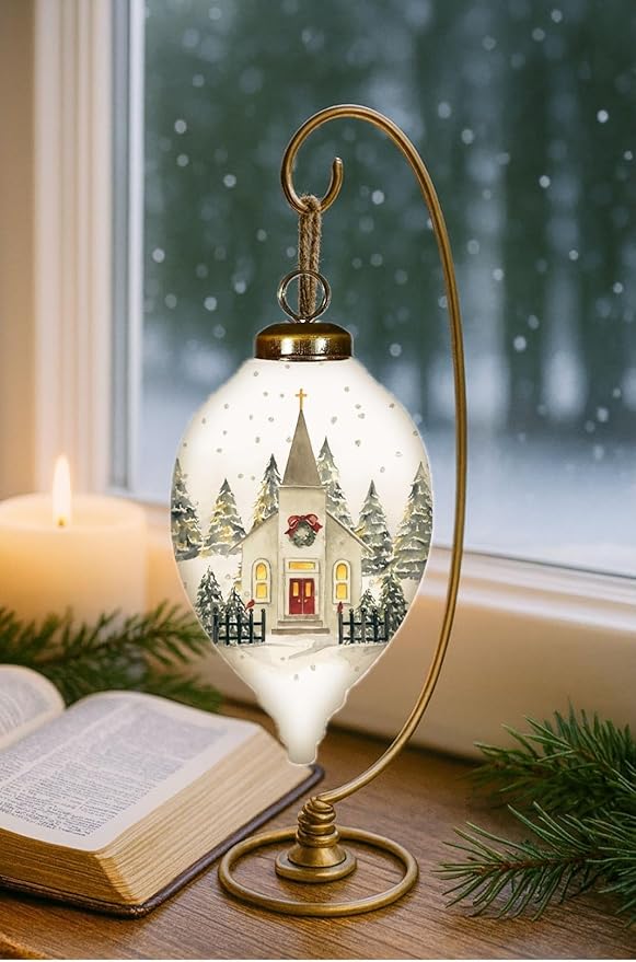 Church Christmas Ornament – Hand-Painted Glass Collectible with Snowy Chapel & Winter Trees – Reverse Painted Church Ornament for Christmas Tree, Holiday Village Décor with Gift Box