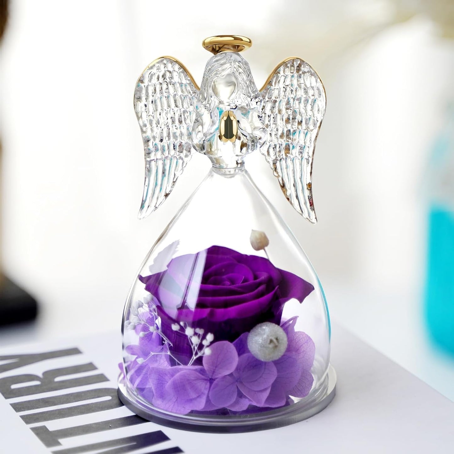 Yamonic Angel Figurines With Real Preserved Rose - Mom Birthday Gift for Grandma, Women - Mother's Day (Purple)