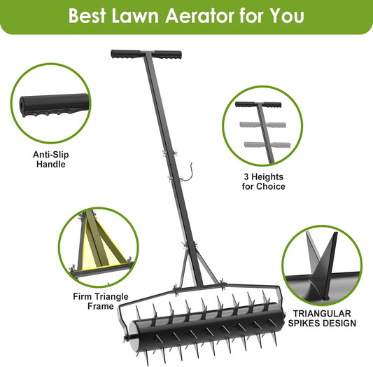 Seeutek 23 Inch Rolling Lawn Aerator - Upgraded Heavy Duty Aerator Lawn Soil Penetrator Spikes w/ 3 Adjustable Height Handles, Manual Aerator Lawn Tool for Garden Yard