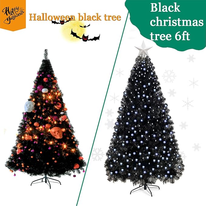 KTKDE 6ft Artificial Black Christmas Tree Outdoor Black Halloween Tree Decorations with 1005 Tips Led String Lights Pencil Christmas Tree Indoor Holiday Office Party Decorations