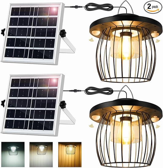 Solar Shed Lights with 2 Motion Sensors, Classic Metal Solar Chandelier Outdoor with 5 Lighting Modes, Waterproof Pendant Lamp with Remote Control for Gazebo, Garden, Patio, Barn(16.4FT Cord, 2 Pack)