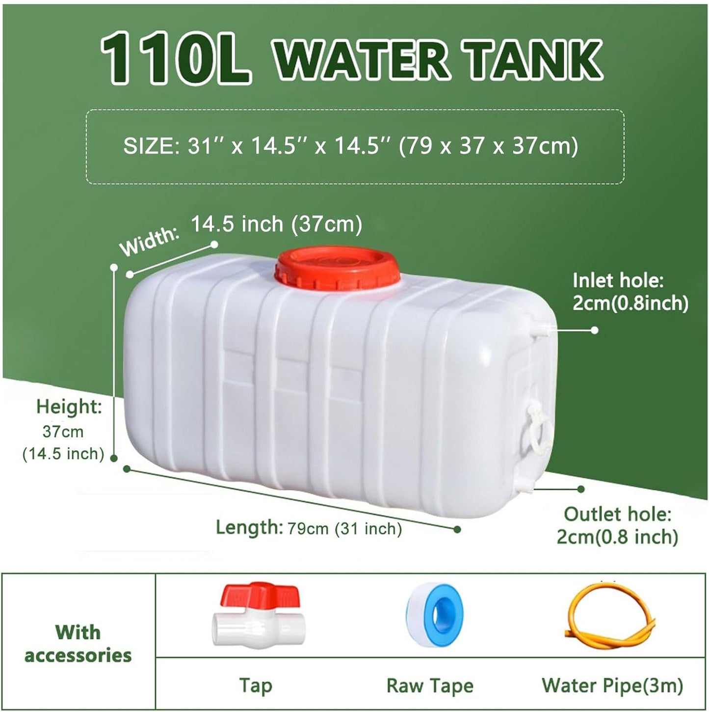 Large Water Storage Tank BPA Free Water Jug Container with Spigot, Portable Food Grade Plastic with Wide Opening for Outdoor Camping Hiking RV Emergency(Size:110L,Color:White)
