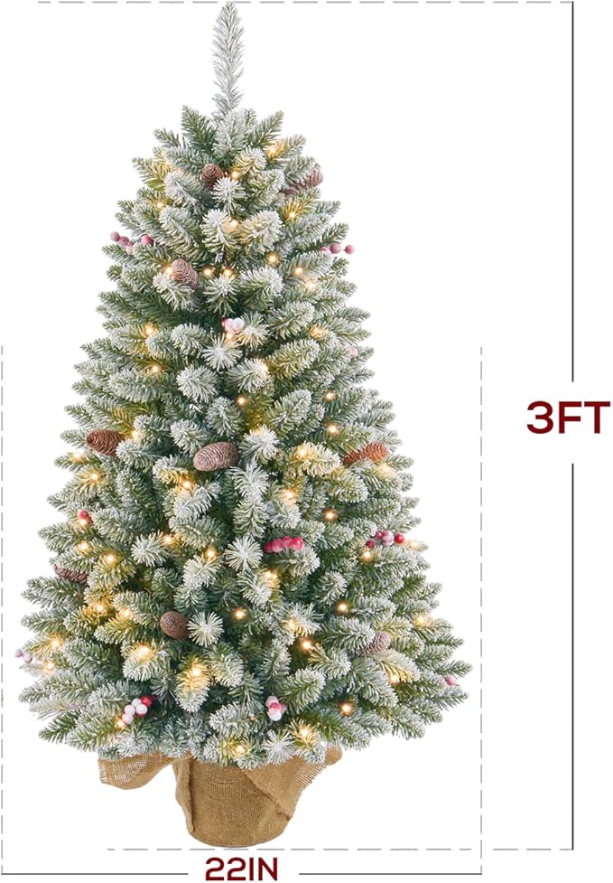3FT Pre-lit Small Mini Snow Flocked Christmas Tree with Warm White Multi-Color LED Lights, Remote Control and Timer, Perfect for Tabletop Decorations, Home, Kitchen, Dining Table top