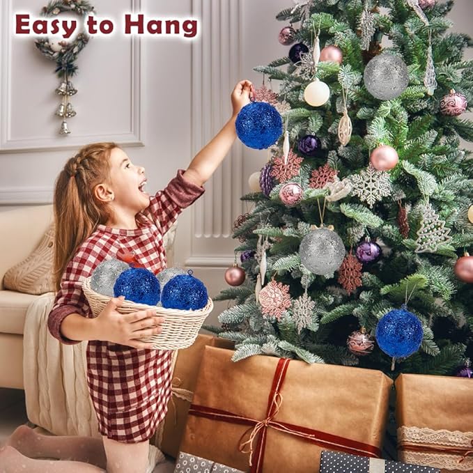 4" Large Christmas Balls Ornaments 6 Pcs Shatterproof Big Navy Blue Christmas Ornaments for Tree Glitter Big Xmas Tree Ornament for Xmas Halloween Holiday Wedding Party Decoration