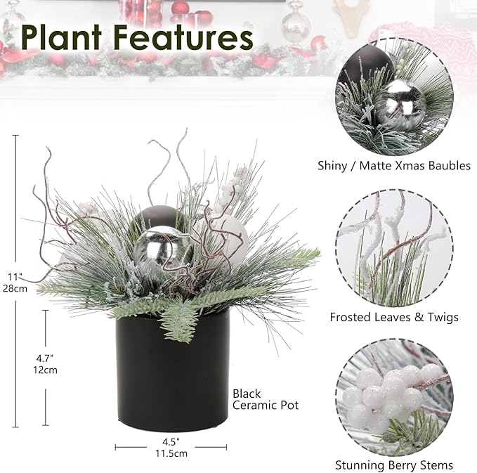 Briful 10 Inch Mini Christmas Tree Artificial Potted with Holly Pine Snowy and Black White Silver Xmas Balls Christmas Arrangements Centerpieces Ornaments Table Top Decor in 4.7'' Black Ceramic Pot