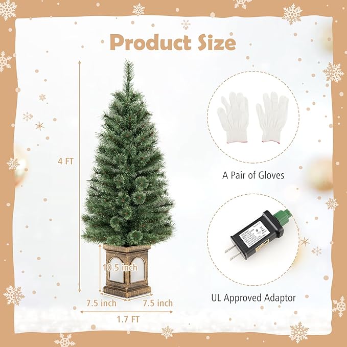 GOFLAME 4FT Pre-Lit Potted Christmas Tree, Artificial Entrance Xmas Tree with 100 LED Lights, 116 Branch Tips, Pine Needles, Timer, Holiday Decoration Tree with 3 Lighting Modes, 4 Brightness