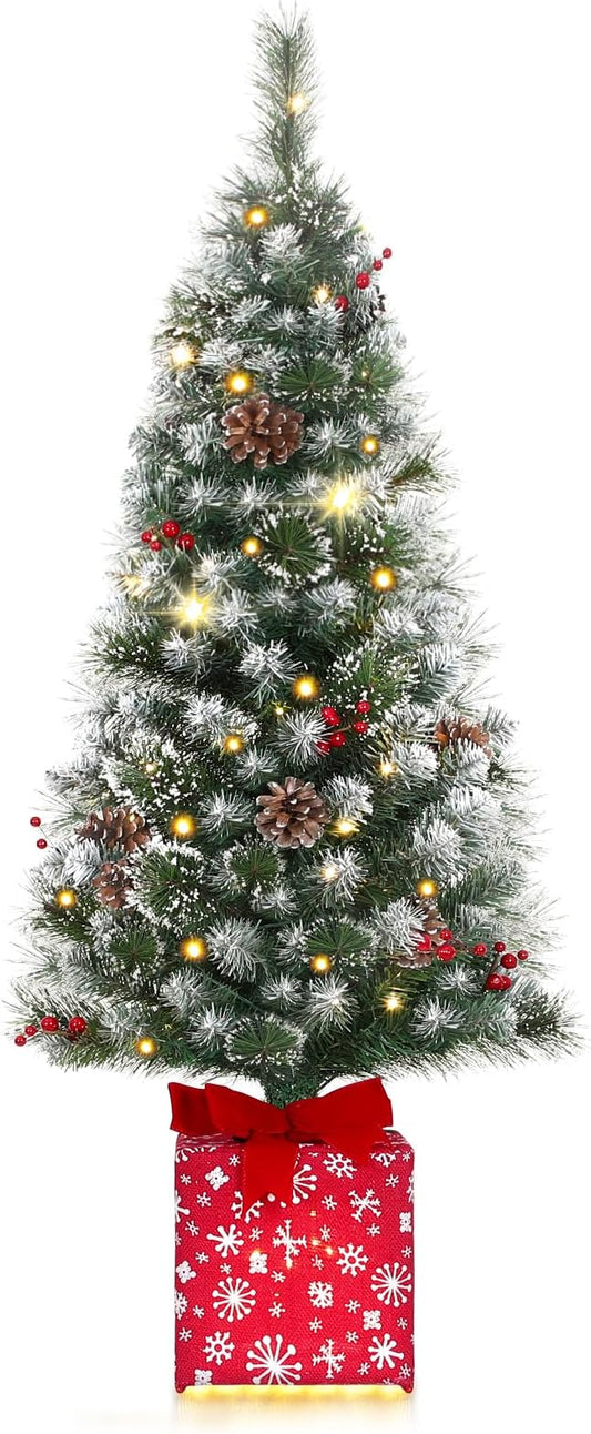 Brightever 4FT Artificial Christmas Tree, Pre-lit Small Christmas Trees with Warm White String Lights, Plug in Green Outdoor Frosted Tip Xmas Trees for Front Door, Snowflake Gift Box Base & Ornaments