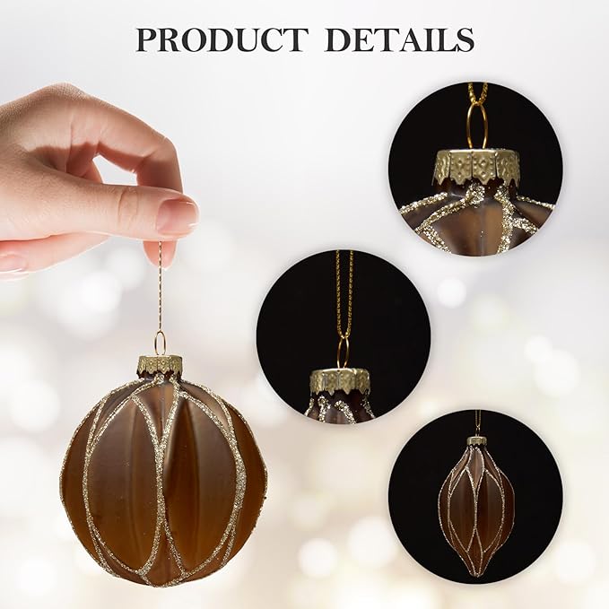 WDS WONDROUS Christmas Ball Ornaments, Vintage Ball & Teardrop Xmas Tree Ornament Set, Hanging Assorted Glass Balls for Holiday Home Party Decor (9Pcs, Brown & Gold Line)