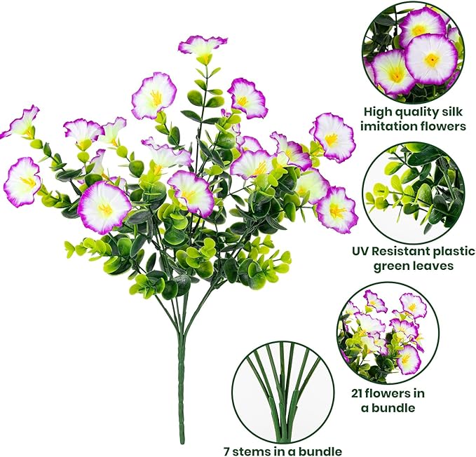 Artificial Faux Flowers for Outdoor 16 Bundles Boxwood Fake Morning Glory for Planter,UV Resistant Fake Flowers for Home Porch Patio Outside（Purple/White）