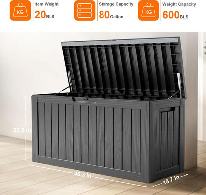 80 Gallon Resin Deck Box, Lockable Patio Outdoor Storage Box for Furniture, Garden Tools and Tools Storage, Waterproof Outside Storage Box - Black