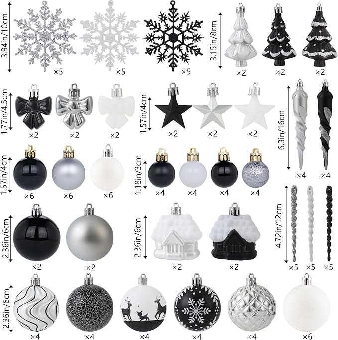 124Ct Black White and Silver Christmas Ornaments Set, Elegant Shatterproof Assorted Christmas Decorations for Xmas Tree Snowflake Icicle House Ball Ornaments Baubles for Holiday (Black White Silver)