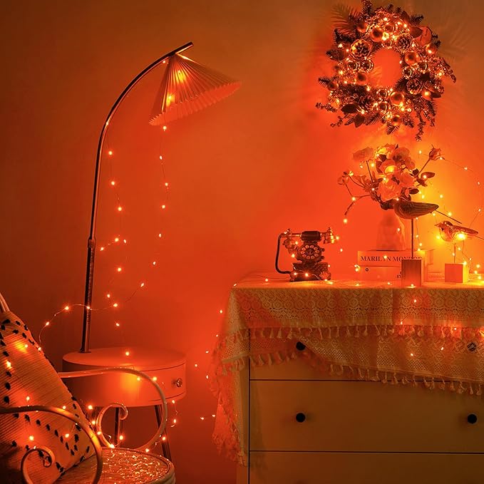 2 Pack 16.4ft Battery Operated String Lights with Timer, Orange with Synchronized Twinkle Mode, Fairy Lights Battery Powered, 50 LEDs, Idea for Christmas Bedroom Party Wedding