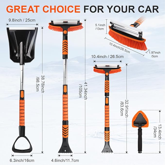 COMOWARE Extendable Snow Brush for Car, Ice Scrapers for Car Windshield Combo Kit with 270° Pivoting Head, 6-in-1 Snow Removal Tool with Snow Shovel Snow Scraper for Car, Truck, SUV, Winter Car Kit