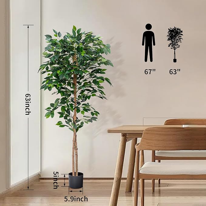 1Pack 5FT Artificial Ficus Tree with Realistic Leaves and Natural Trunk, Faux Ficus Tree with Sturdy Plastic Nursery Pot, Fake Ficus Tree for Office Home Farmhouse for Indoor Outdoor Decor