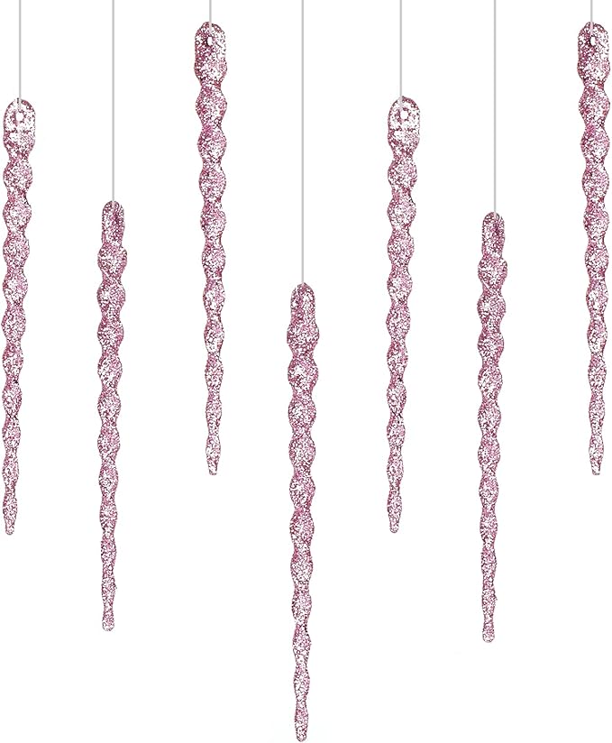 AMS Sparkling Glitter Plastic Icicle Ornaments 30 PCS Twisted Icicles Decoration Christmas Tree and Holiday Xmas Party Hanging (5.1'', Pink)