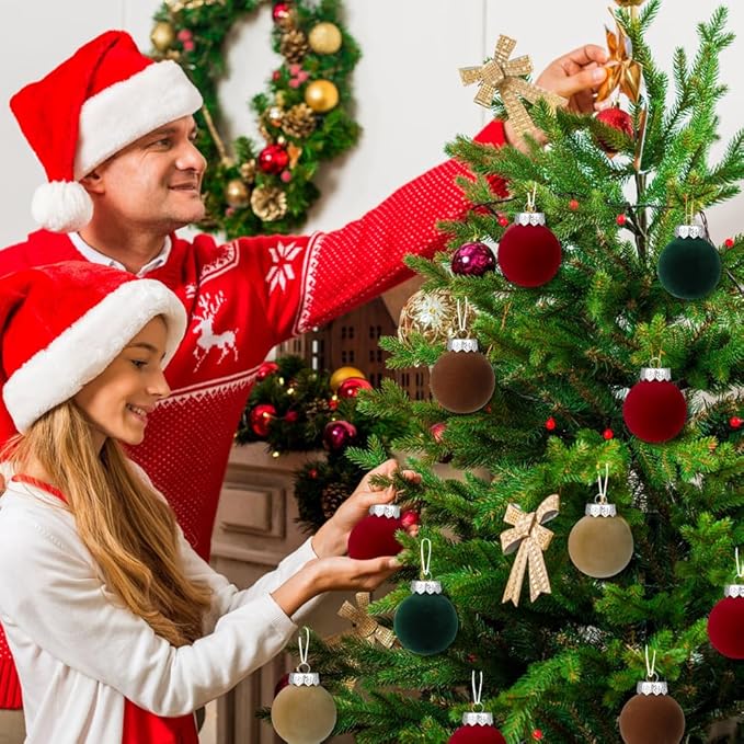 YUJUN 12 PCS Christmas Large Velvet Balls Ornaments 2.36In Shatterproof Red Green Tree Hanging Plastic Ball Set Xmas Bulk Flocked Ornaments for Christmas Tree Home Party Wreath Decorations