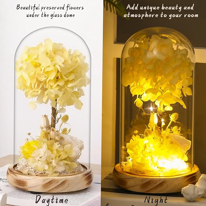 Preserved Flowers with LED Light, Yellow Hydrangea Tree and Rose,Wood Base,Christmas Rose Gifts for Valentine's Day, Mother's Day, Anniversary,for Mom Grandma Wife Friend Used as for Occasions