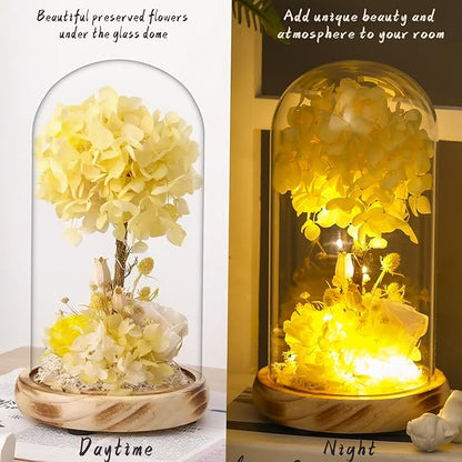 Preserved Flowers with LED Light, Yellow Hydrangea Tree and Rose,Wood Base,Christmas Rose Gifts for Valentine's Day, Mother's Day, Anniversary,for Mom Grandma Wife Friend Used as for Occasions