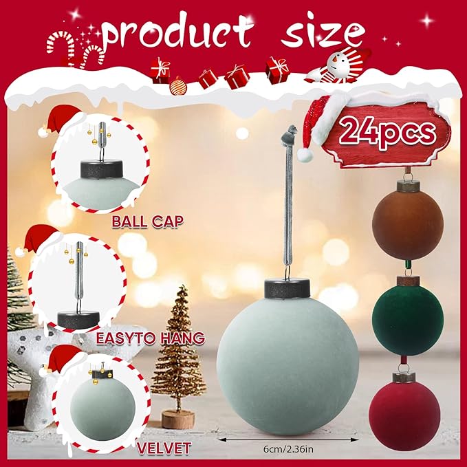 24 Pcs Velvet Christmas Balls Bulk Shatterproof Plastic Christmas Tree Decorations for Decorative Hanging Baubles (24, Wine red、Haze Blue、Blackish Green、Brown, 2.36Inch)