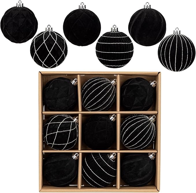 Hollyone Velvet Black Christmas Ornaments for Christmas Tree 3.2inch Xmas Ball Ornaments 9Pcs Flocked Balls Xmas Hanging Ornament Decoration Set Shatterproof for Holiday Party Wreath Home Decor