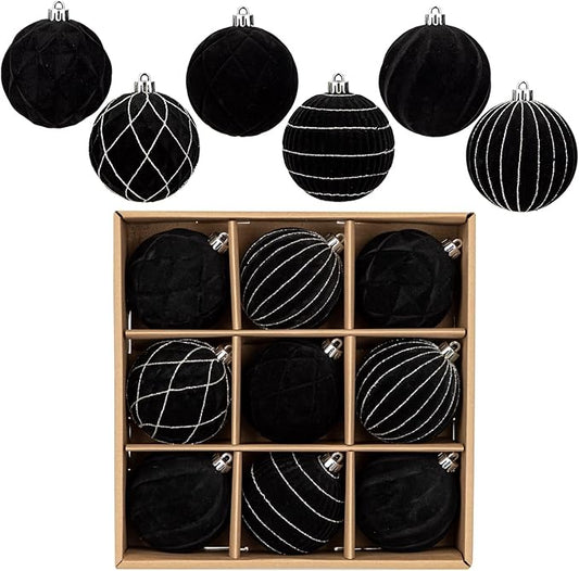 Hollyone Velvet Black Christmas Ornaments for Christmas Tree 3.2inch Xmas Ball Ornaments 9Pcs Flocked Balls Xmas Hanging Ornament Decoration Set Shatterproof for Holiday Party Wreath Home Decor