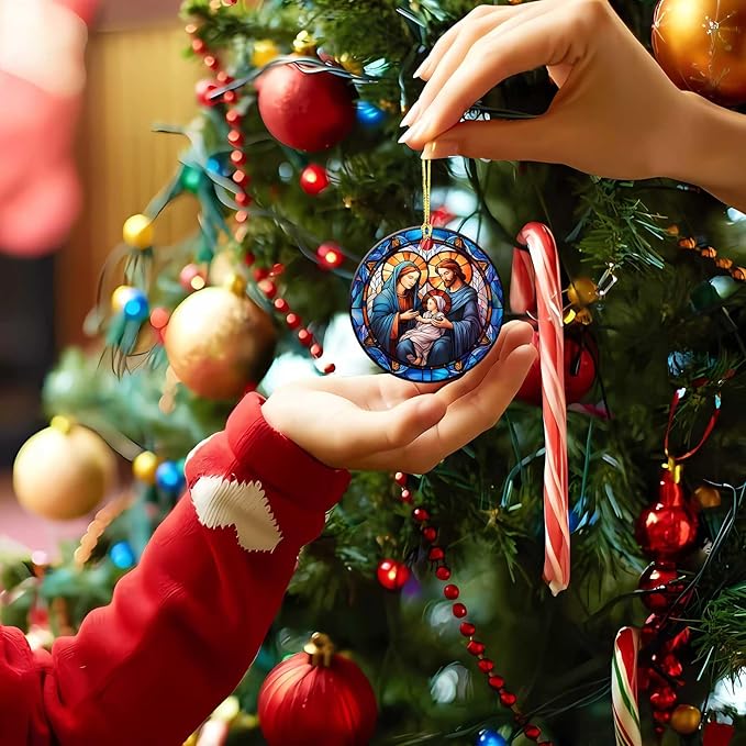 Nativity Scene Ornaments Nativity Night Round Ceramic Stained Glass Style Birth of Jesus Christ Hanging Ornament Christmas Keepsake Decor for Xmas Tree Winter Holiday Xmas Gift for Women Men 3"