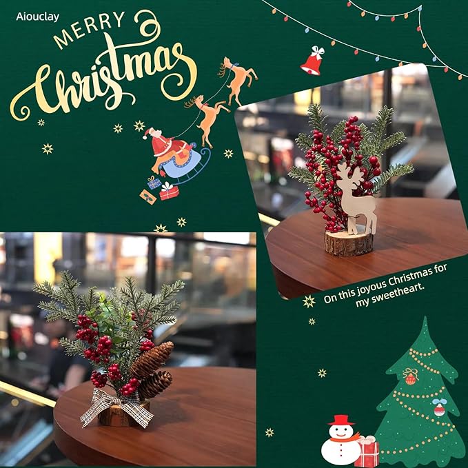 2-Pack Pre-Decorated Mini Christmas Trees: Artificial Tabletop Trees w/Pine Cone & Berry Ornaments - Home, Party, Indoor/Outdoor Holiday Decor