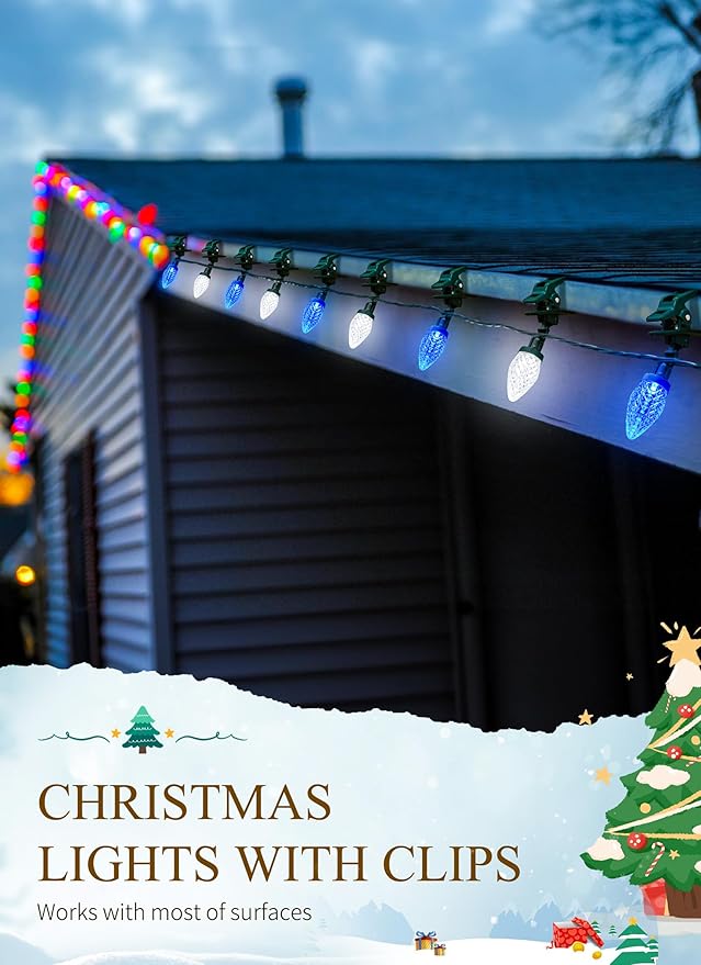 C9 LED Christmas Lights Outdoor, 68 Feet 100 LED C9 String Light with 100 Spring Clips, Waterproof Connectable Christmas Tree Lights for Outside Roofline Patio Home Xmas Decor, Blue & Pure White
