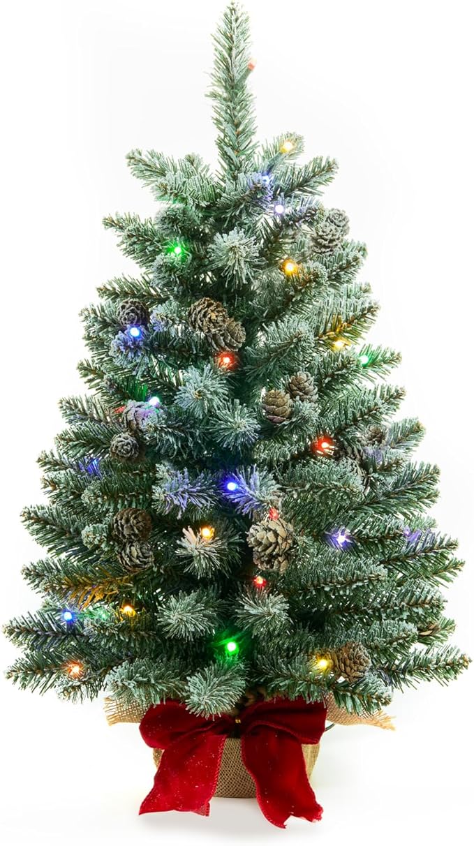 2 ft Mini Christmas Trees with Red Bow Base, 25 F5 LED Lights, 24" Decorated Burlap Artificial Tabletop Christmas Trees with Flocked Pine Cone