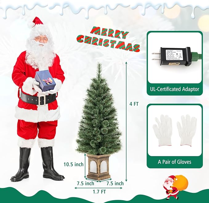 HAPPYGRILL 4 FT Pre-Lit Christmas Tree Set of 2, Artificial Xmas Entrance Tree w/116 Branch Tips, 3 Lighting Modes, 100 LED Lights & Cement-Filled Base, Pine Needles, Remote Control, Holiday Decor