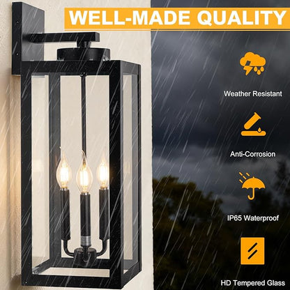 24" Extra Large Fully Enclosed Outdoor Light Fixture 3-Light, Black Outdoor Porch Lantern Wall Mounted, Waterproof Modern Outside Wall Sconce Coach Lamp for House, E12, 2 Packs