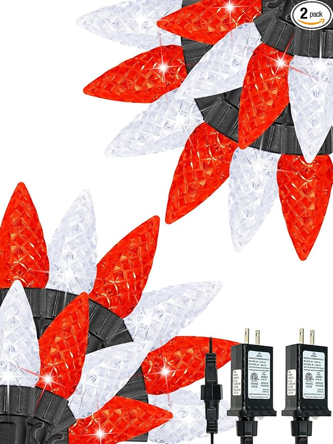 2 Pack C6 Christmas Lights Outdoor Indoor, Total 200 LED 66 FT Connectable Christmas String Lights with Timer & 13 Modes, Waterproof Twinkle Light for Xmas Tree Party Yards Decorations (Red and White)