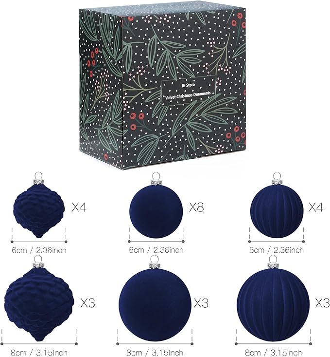 KI Store Velvet Christmas Balls Blue 25pcs Flocked Christmas Tree Ornaments Assortment for Xmas Tree Holiday Decor