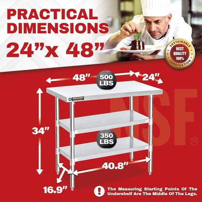 DuraSteel Food Prep Stainless Steel Table - 24 x 48 Inch Commercial Metal Workbench with Adjustable Under Shelf - NSF Certified - for Restaurant, Warehouse, Home, Kitchen, Garage