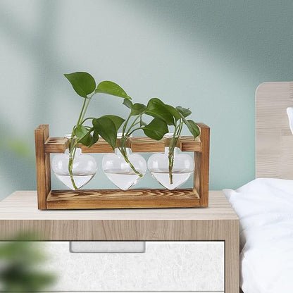 Plant Terrarium with Wooden Stand,Heart Shaped Transparent Glass Vase Flower Pot Hydroponics Plant Propagation Station for Hydroponics Plants Home Office Decor (Retro Box + 3
