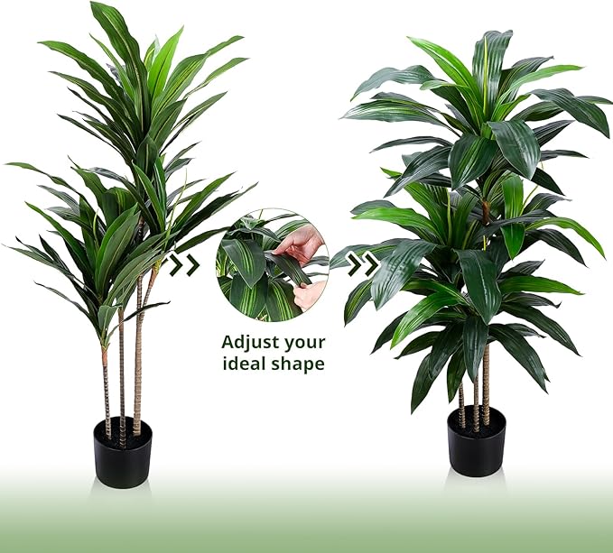 Artificial Dracaena Tree 4FT, Fake Tree with Plastic Pot, Fake Tropical Yucca Floor Plant, Lifelike Foliage and Branches, Artificial Plants Indoor for Home Office Living Room Decor Indoor