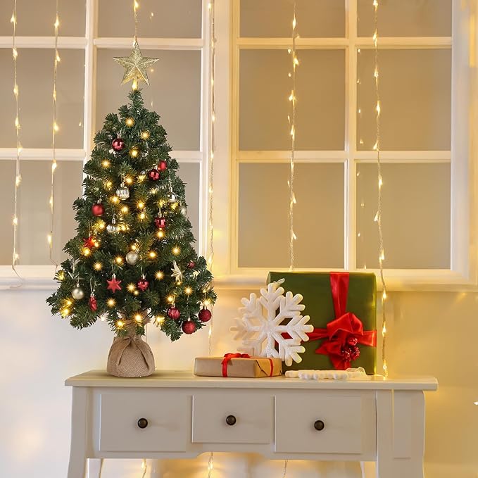 VINGLI 3ft Pre-lit Artificial Christmas Tree, Mini Tabletop Xmas Tree with 150 Branches Tips for Christmas Party Home Indoor Decoration (Battery Operated)