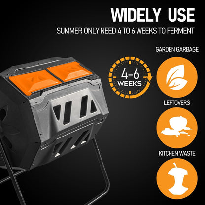 Hourleey Compost Bin Outdoor, 43 Gallon Dual Chamber Tumbling Composting Bin with Sliding Doors, Tumbler Rotating Batch Composter Bin for Garden Kitchen Yard