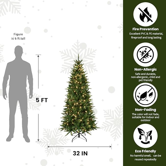 5ft Pre-Lit Artificial Pencil Green Christmas Tree with Warm White 200 LED Lights, Hinged Realistic Slim Xmas Tree w/Sturdy Metal Stand, 610 Tips for Home, Office, Party Decoration