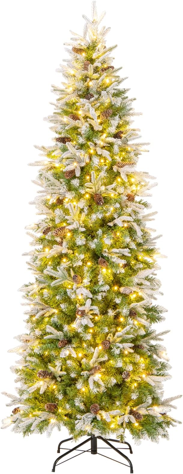 Goplus 7.5 FT Pre-Lit Pencil Christmas Tree, Artificial Snow Flocked Hinged Fake Slim Xmas Tree with 350 Warm-White LED Lights, 913 Branch Tips, 75 Pine Cones, for Office Home Decoration