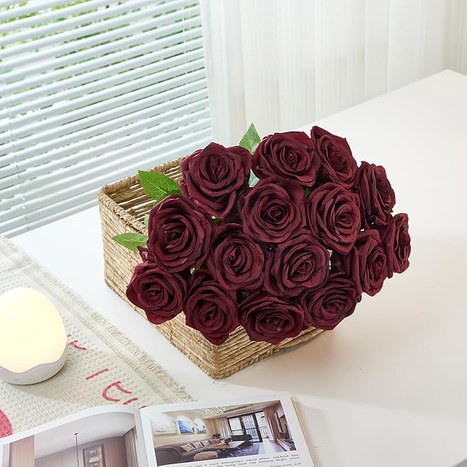 Carlita's Blooms 50pcs Burgundy Rose Artificial Silk Roses, Realistic, Long Lasting, Versatile for Weddings & Parties