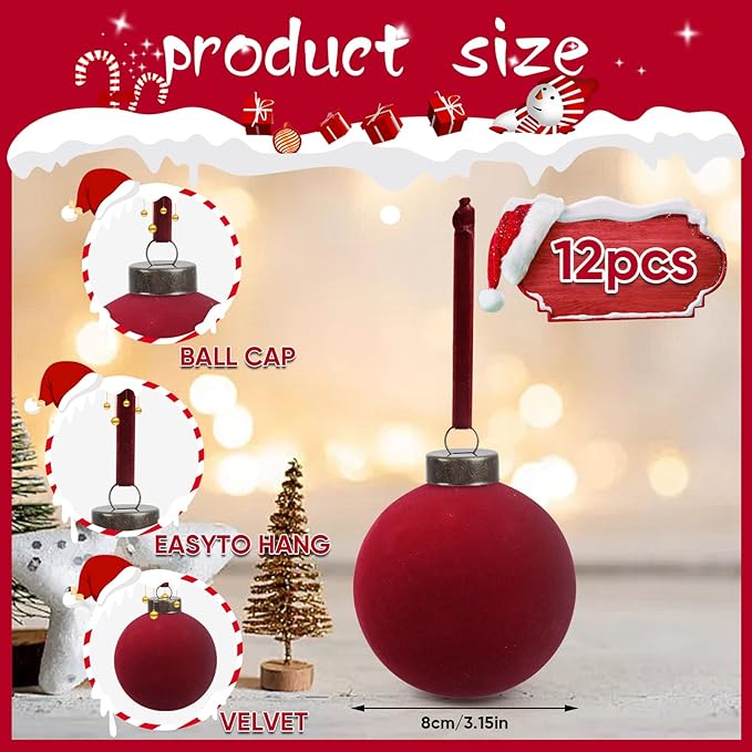 12 Pcs Velvet Christmas Balls Bulk Shatterproof Plastic Christmas Tree Decorations for Decorative Hanging Baubles (12, Wine red, 3.15Inch)